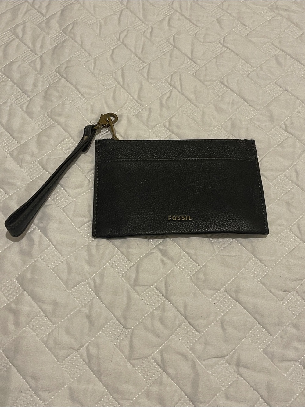 Fossil cowhide Black Leather Wristlet Card Case with Key Ring